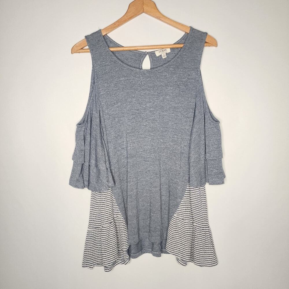 Umgee Blue Striped Cold Shoulder Ruffle Top Women's Small